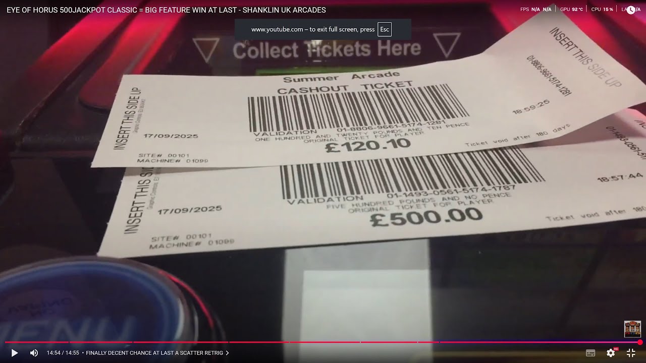 EYE OF HORUS CLASSIC -   500 BLUEPRINT JACKPOT  = BIG FEATURE WINNING AT SHANKLIN IOW UK ARCADES