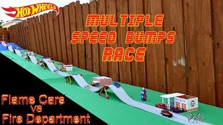Hot Wheels Blue track Fire Department Trucks vs Flame Cars speed bumps tournament race