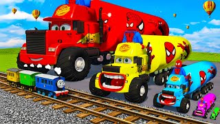 Big & Small Long Mack Truck with Tanker Spiderman vs Trains Thomas | BeamNG.Drive