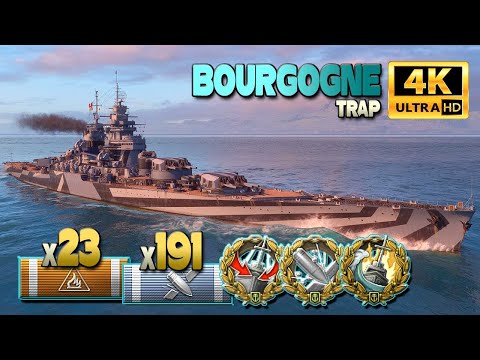 Battleship Bourgogne: The arsonist with 375k on map Trap - World of Warships