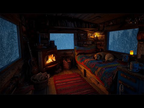 Cozy Wooden Cabin in a Heavy Snowstorm ❄️ Crackling Fireplace & Howling Wind Sounds for Deep Sleep