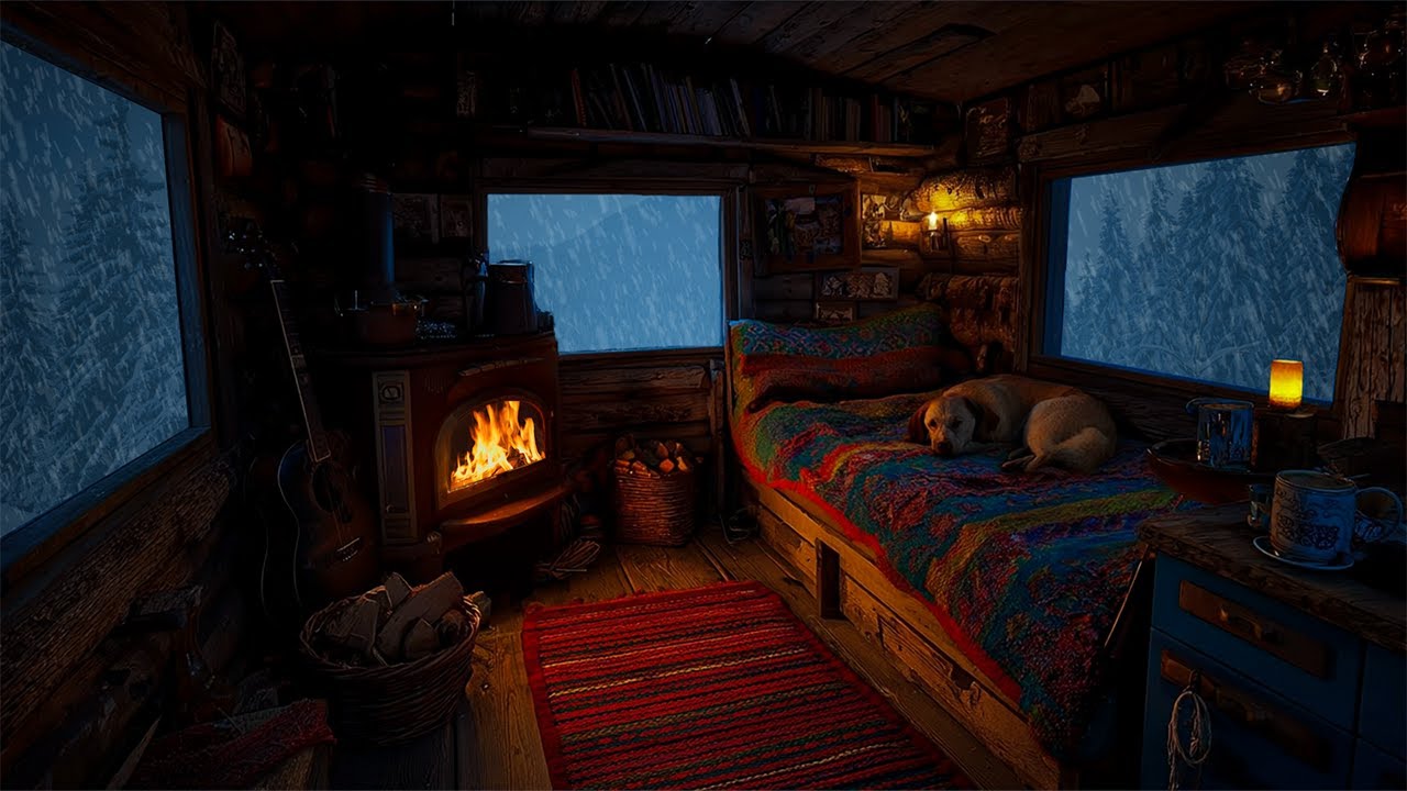 Cozy Wooden Cabin in a Heavy Snowstorm ❄️ Crackling Fireplace & Howling Wind Sounds for Deep Sleep