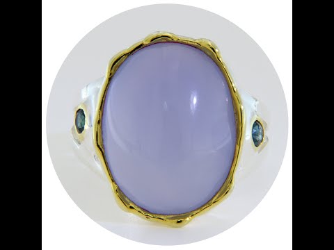 Inel Argint 925 Accente Aurite Calcedonie Safir Albastru Naturale - Elegant, Linii Fluide