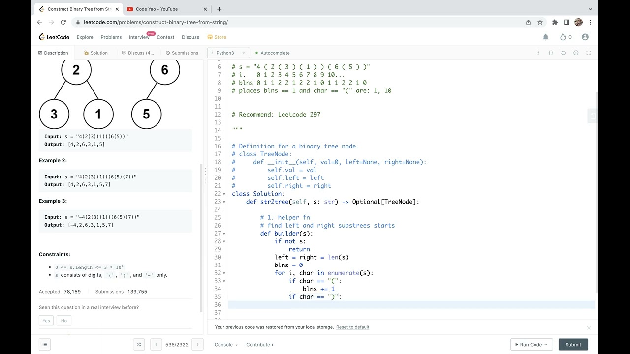 Leetcode 536. Construct Binary Tree from String - locate starts of subtrees and do recursion