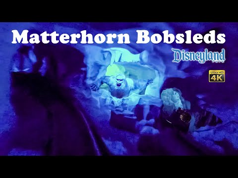 Matterhorn Bobsleds Roller Coaster On Ride Low Light Front Seat 4K POV Disneyland 2022 03 23
