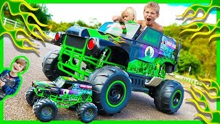 Power Wheels Ride on Monster Truck Grave Digger CRUSHES RC Monster Truck - Surprise Toy Unboxing