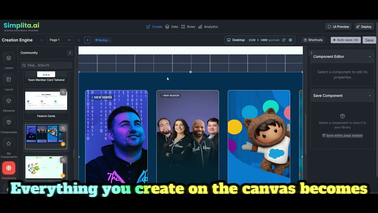 Creation Engine interface showing modular builder with navigator and components