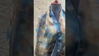 Eco printed silk scarf, over dyed in an iron indigo vat #indigo #ecoprinted #overdyed