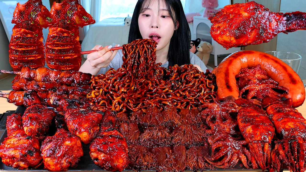 ASMR MUKBANG| 직접 만든 불닭 짜장 버섯 양념치킨 소세지 오징어 먹방 & 레시피 SPICY MUSHROOMS AND FIRE NOODLES EATING