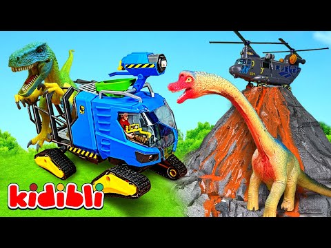 Toy Dino Rescue Truck & Helicopter Save Dinosaurs before Volcano Eruption 🦕 Video for Kids | Kidibli