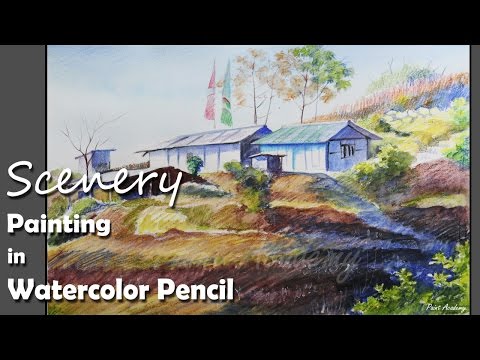 Mountains and Pine Tress Watercolor Pencil Landscape Drawing | steps to follow