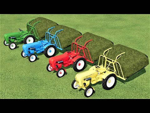 MINI TRACTORS OF COLORS ! TRANSPORTING PORSCHE MINI TRACTORS TO ANIMAL FEED ! Farming Simulator 22
