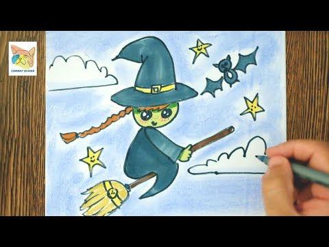 comment dessiner une sorcière kawaii sur son balai
