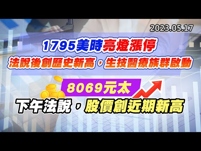20230517《股市最錢線》#高閔漳 1795美時亮燈漲停，法說後創歷史新高，生技醫療族群啟動”” 8069元太，下午法說，股價創近期新高