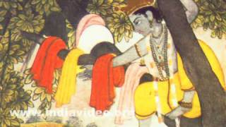 Stealing of Gopis' clothes by Krishna, late eighteenth century Pahari painting in Kangra style