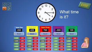 Telling Time Jeopardy game for First Grade with an automatic scoreboard