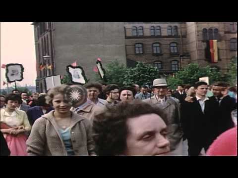 Huge crowd during May Day Parade on streets of East Berlin. HD Stock Footage