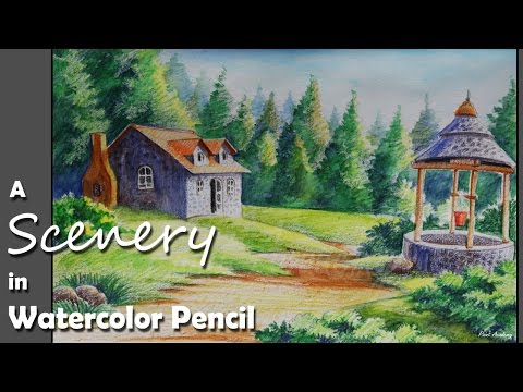 Mountains and Pine Tress Watercolor Pencil Landscape Drawing | steps to follow