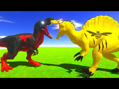 4x RED BATMAN T-REX vs BUMBLEBEE SPINO vs BATMAN T-REX DEATH RUN - Animal Revolt Battle Simulator