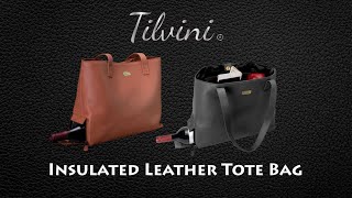 Black Genuine Leather Tote with Insulated Lunch Bag Pocket / Wine Carrier. Wine Purses For Women Who Have Everything