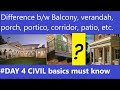 Difference between verandah, balcony, portico, corridor, patio| #civil Day 4 basics important.