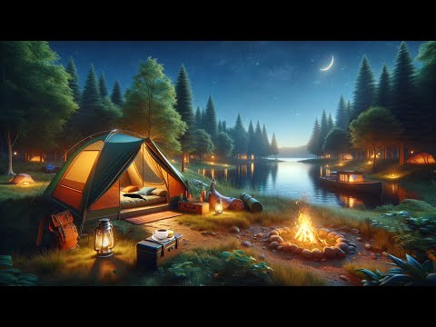 Campfire by the Lake Ambience with Crickets, Owls, Water, & Night Sounds for Relaxation & Sleep