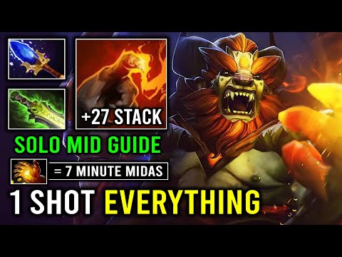 WTF First Item 7Min Midas Solo Mid Lion +27 Finger Stack Instant 1 Shot ALL Dota 2