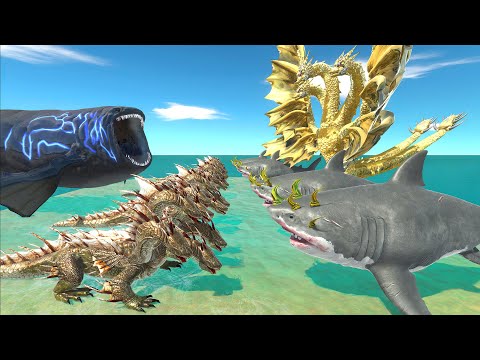 Aquatics Battle - Megalodon King Ghidorah VS The Bloop + Hydra - Animal Revolt Battle Simulator