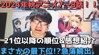 【2024年秋アニメ7～8話】ランク圏外の順位&感想紹介【週間アニメランキング】ネタバレ有【21位～最下位(42位)まで】【まさかの最下位！？急落続出。】11/17(日)夕方～11/23(土)深夜まで