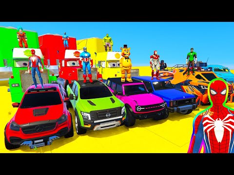 SPIDERMAN CARS Mega SWAMP Ramp Challenge ! SUPERHERO GOKU Monster Truck FIRE Gobiln Race - GTA V