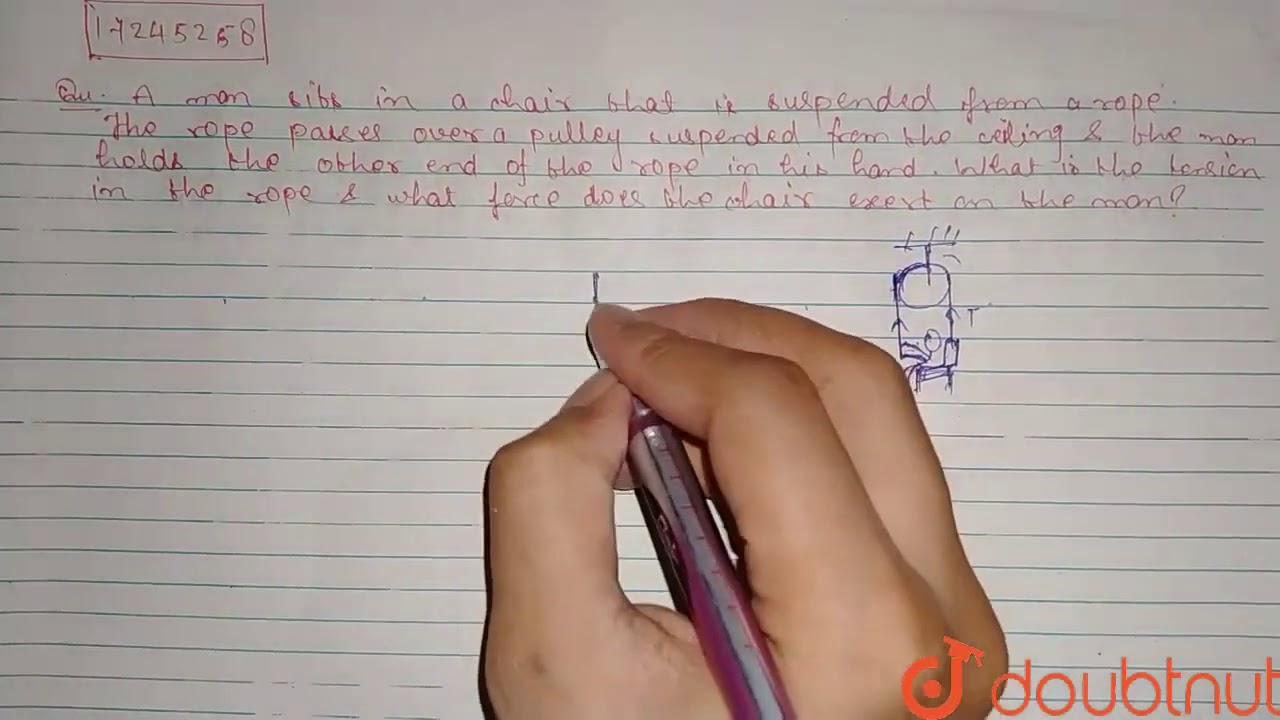 A man sits in a chair that is suspended from arope. The rope passes over a pulley