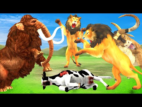 , title : '3 Giant Lion attack Cow Cartoon Bull Gorilla Saved by Zombie Mammoth Vs Lions'