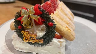 超可愛的聖誕小屋蛋糕Christmas Cottage Cake😍草莓鮮奶油手指餅乾蛋糕Strawberry Whipping Cream Ladyfinger Cake