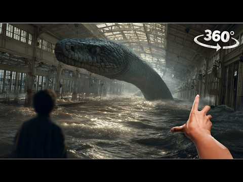 VR 360 Tsunami hits train station and giant snake titanoboa attack Virtual Reality interactive video
