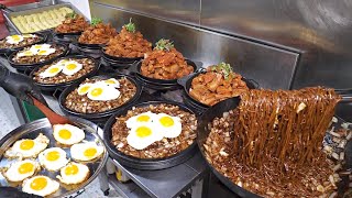 We place it on a 300-degree stone plate! Seafood Black Bean Noodle, jjajangmyeon /Korean Street Food