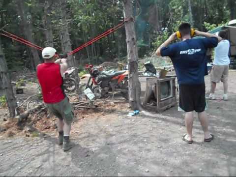3 man slingshot gone wrong - beer slingshot to the chest - how to crush a beer on your chest
