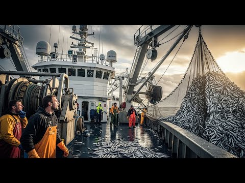 Amazing big nets catch hundreds of tons of herring on the modern boat   Biggest Fishing Net