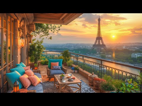 Watching the Relaxing Sunset in Paris ☕ Soothing Coffee Jazz Music with Cozy Balcony Ambience