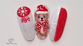 Cute Christmas Teddy bear nail art tutorial. Xmas character gel painting nail design 