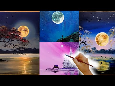 4 Creative Ideas for Painting a Full Moon | Timelapse | Acrylic Landscape Painting on Canvas