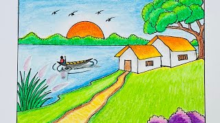Easy Village Nature Drawing for Kids | Step-by-Step Colorful Scenery Tutorial