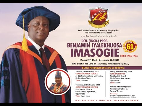 Commendation Service at OAU, 11am 01/02/2022 - DCN. (ENGR.) PROF. BENJAMIN IYALEKHUOSA IMASOGIE