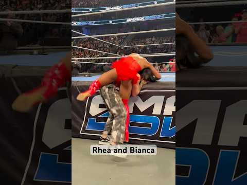 Rhea Ripley and Bianca Belair brawl to the floor. #wwe #smackdown #vegas #wrestlemania