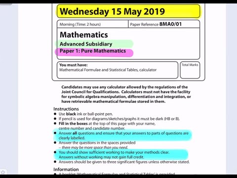 Edexcel 2019 Pure Maths Paper 1 Advanced Subsidiary 15 May 8MA0 GCE Walkthrough Solutions