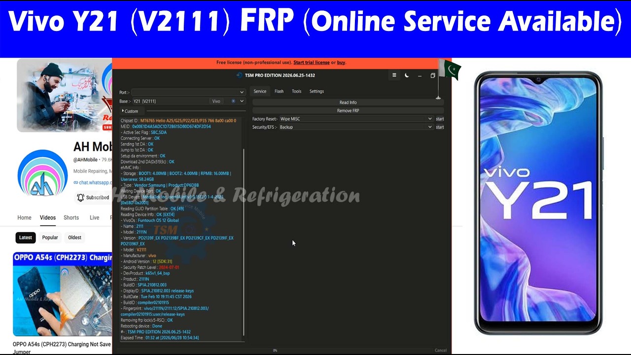 Vivo Y21 (v2111-v2111N) PD2139F FRP Bypass Online Service Available