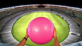 EXERCISE BALL GOLF with MAGNUS EFFECT from STADIUM ROOF!