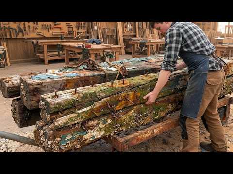 Talented Young Carpenter Turns Old + Full of Rusty Nail Wood Logs Into a Ship's Steering Wheel Table