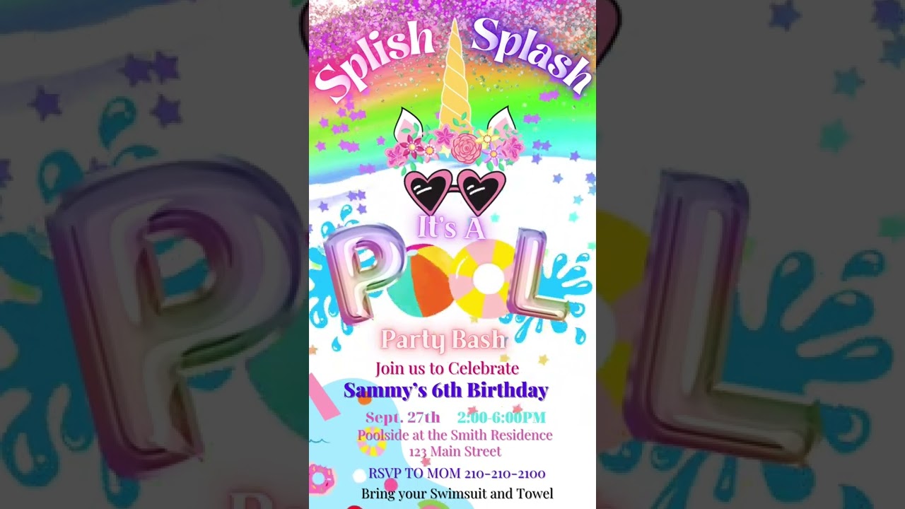 Unicorn Pool Party Video Invite - Editable only available at www.Hostessy.io