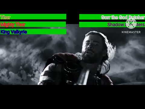Thor,Mighty Thor and Valkyrie vs Gorr the God Butcher with healthbars / Shadow Realm Fight
