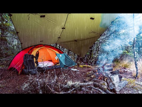 CAMPING in RAIN and SNOW - Freezing Solo Mountain Tent Camp